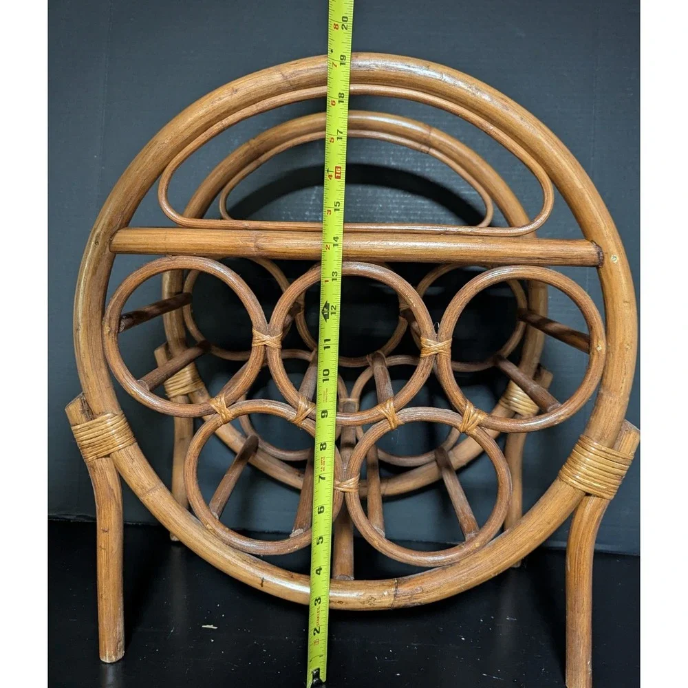 Vintage Bent-Rattan/Bamboo Six Bottle Tabletop Wine Rack With Shelf for Glasses